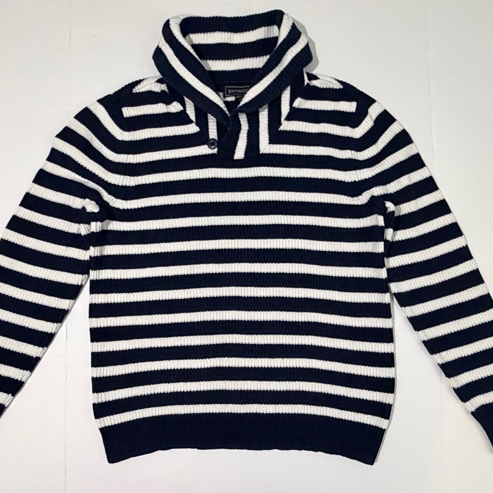 Express Men's Striped Turtleneck Sweater in Dark Blue and White